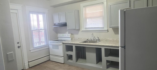 kitchen with sink, light hardwood / wood-style flooring, electric range, stainless steel fridge, and baseboard heating