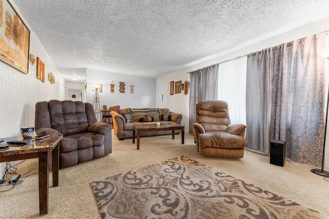 carpeted living room featuring a textured ceiling