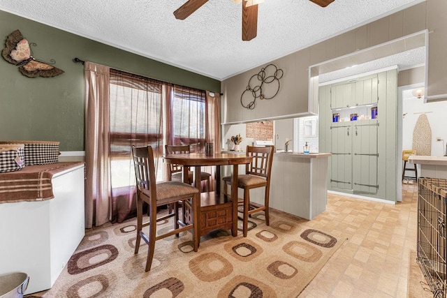 dining room featuring ceiling fan and a textured ceiling