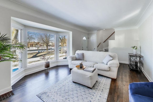 living room featuring dark wood-type flooring, crown molding, and a healthy amount of sunlight