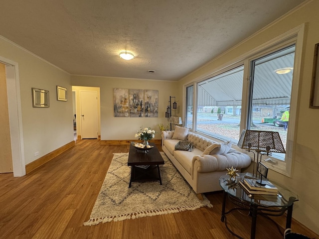 living room with a wealth of natural light, ornamental molding, a textured ceiling, and light wood-type flooring