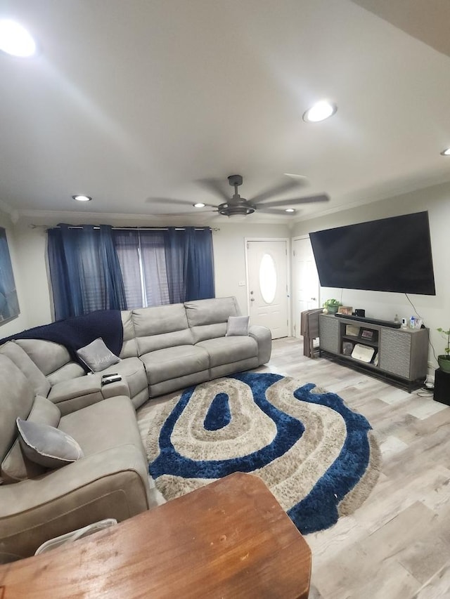 living room with ceiling fan and light wood-type flooring