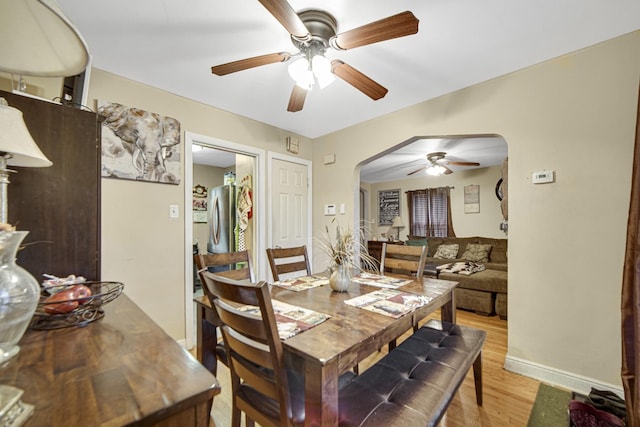 dining space with ceiling fan and light wood-type flooring