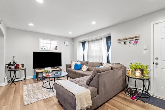 living room featuring a wealth of natural light and hardwood / wood-style flooring