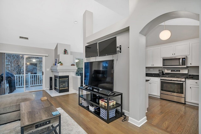 living room featuring dark hardwood / wood-style floors, a wealth of natural light, a fireplace, and high vaulted ceiling