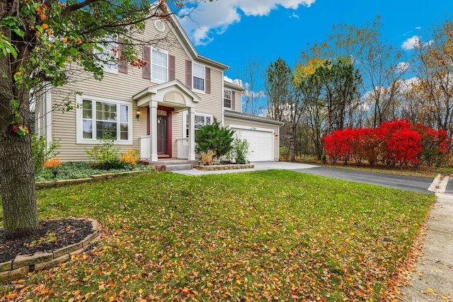 view of front of property featuring a garage and a front lawn