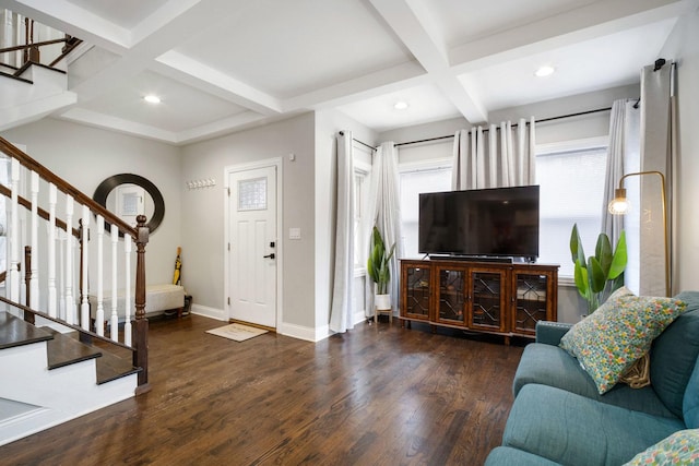 foyer entrance with beamed ceiling, dark hardwood / wood-style flooring, and coffered ceiling