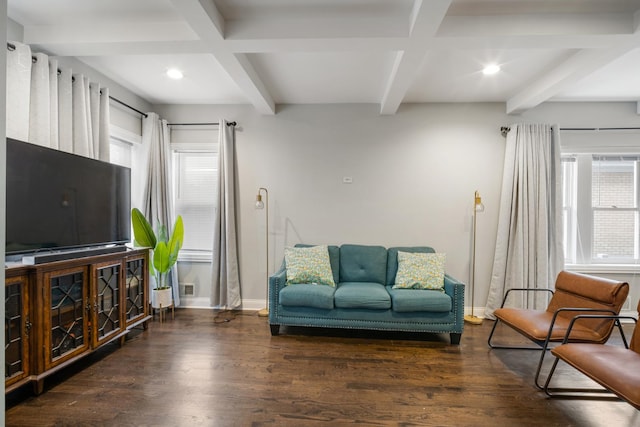 living room featuring beam ceiling, dark wood-type flooring, and coffered ceiling