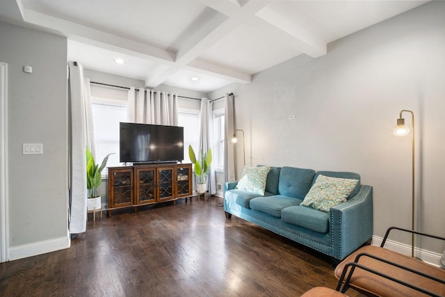 living room featuring beam ceiling, dark hardwood / wood-style flooring, and coffered ceiling