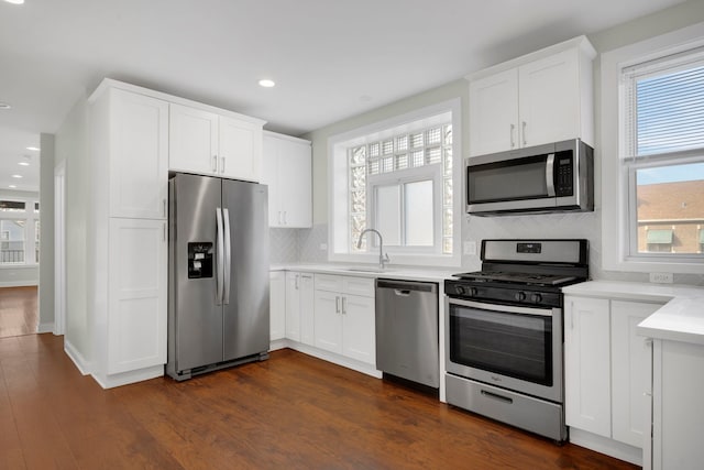 kitchen with plenty of natural light, dark hardwood / wood-style floors, and appliances with stainless steel finishes