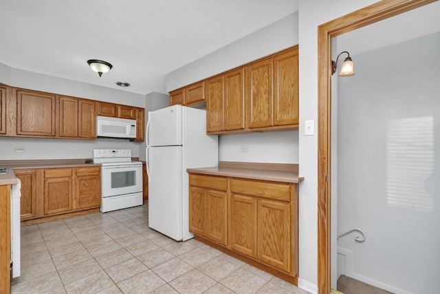 kitchen with light tile patterned floors and white appliances