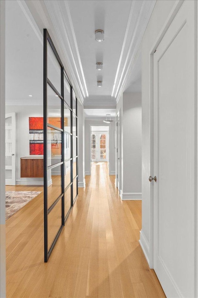 corridor featuring crown molding and hardwood / wood-style flooring