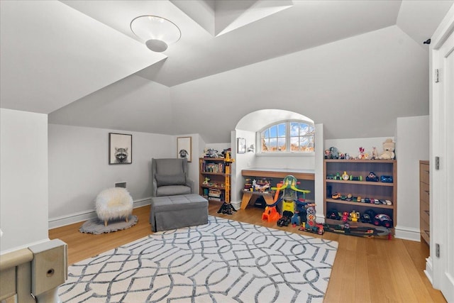 sitting room featuring lofted ceiling and wood-type flooring