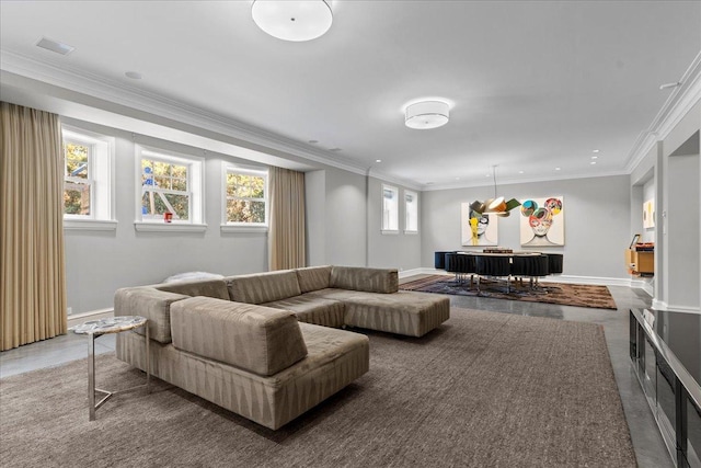 living room with ornamental molding