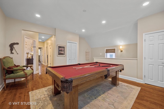 playroom with hardwood / wood-style floors, lofted ceiling, and billiards