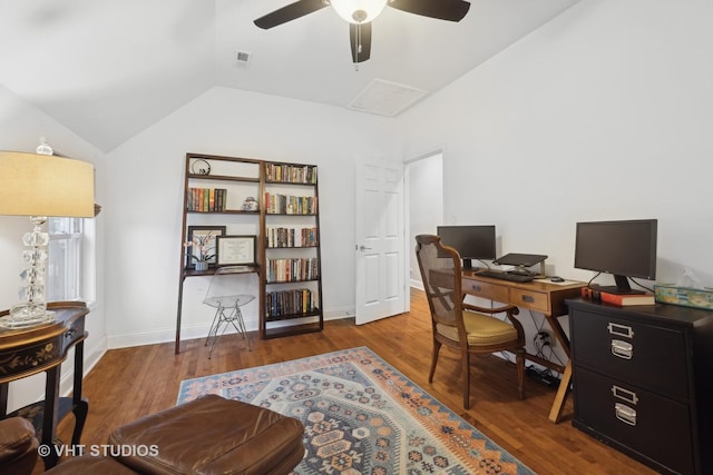 office with ceiling fan, wood-type flooring, and lofted ceiling