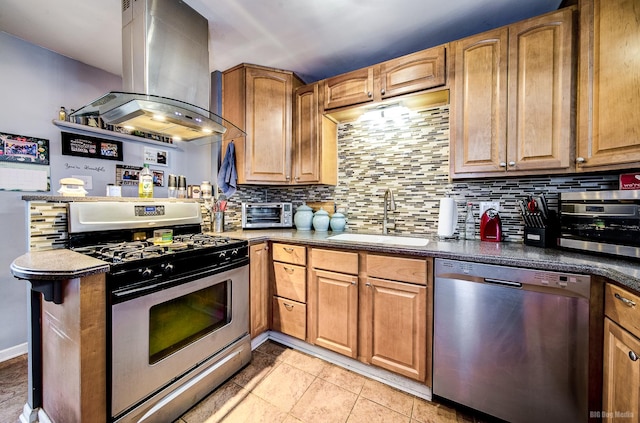 kitchen featuring decorative backsplash, kitchen peninsula, stainless steel appliances, island range hood, and sink