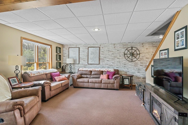 carpeted living room featuring a paneled ceiling and wood walls