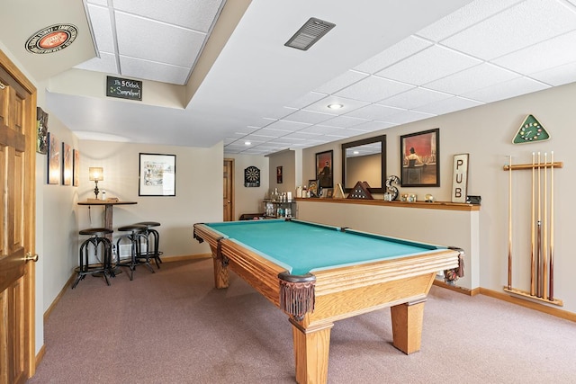 playroom with a paneled ceiling, billiards, and carpet