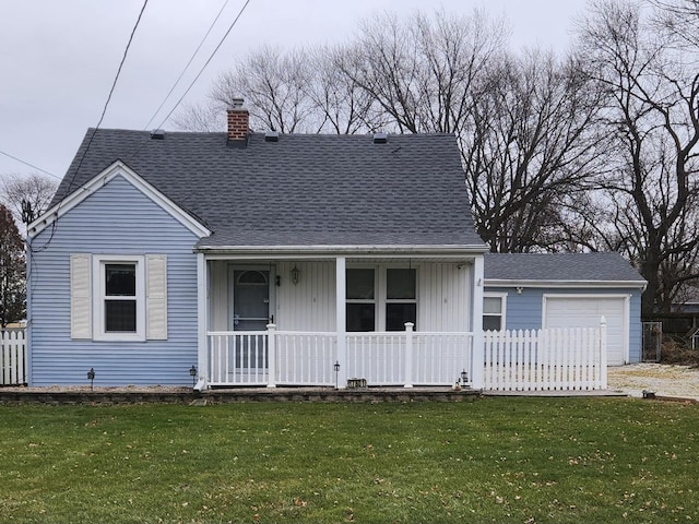 view of front of property with covered porch, a garage, and a front yard