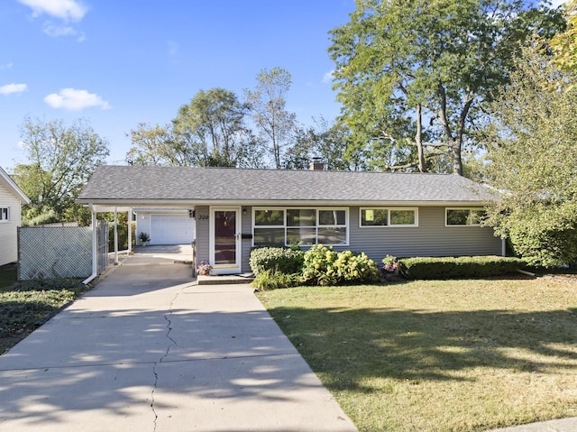 single story home with a front yard and a carport