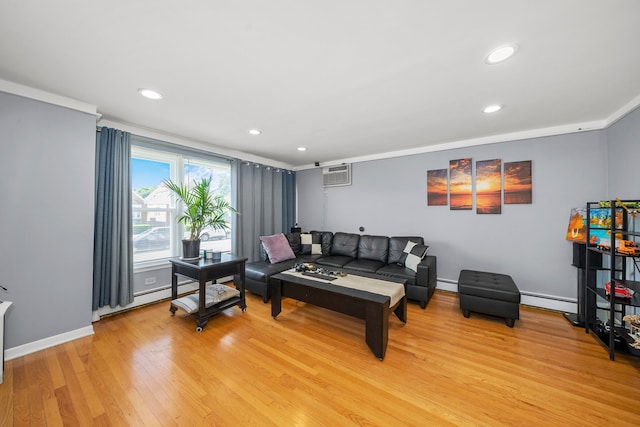 living room featuring a wall mounted air conditioner, a baseboard radiator, light hardwood / wood-style flooring, and ornamental molding