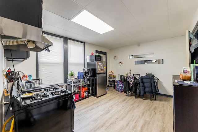 kitchen with appliances with stainless steel finishes, light wood-type flooring, and range hood