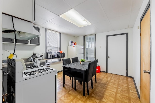 dining space with light parquet floors