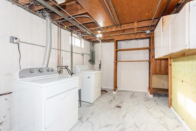 laundry room with electric panel and washer and clothes dryer