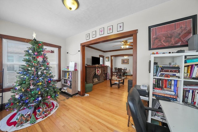 office featuring ceiling fan and wood-type flooring