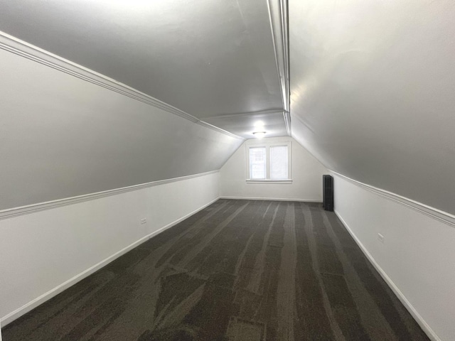 additional living space with lofted ceiling and dark colored carpet