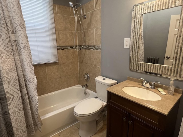 full bathroom with toilet, vanity, shower / tub combo with curtain, and tile patterned flooring