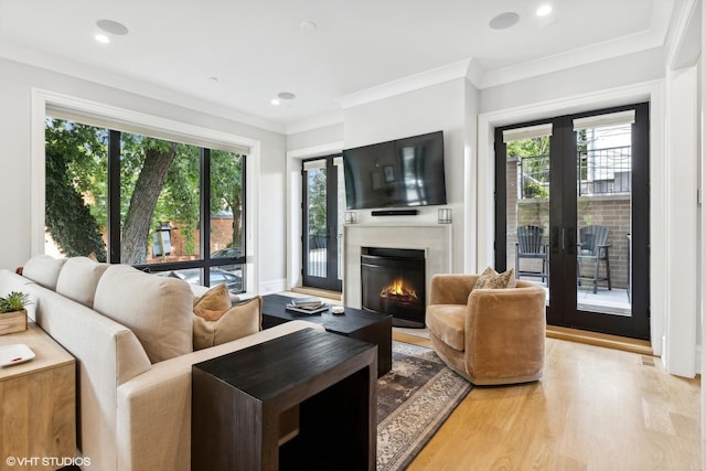 living room featuring light hardwood / wood-style floors, ornamental molding, and a wealth of natural light