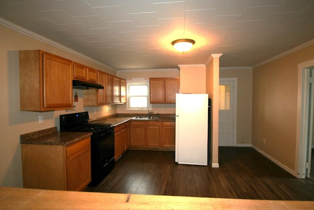 kitchen featuring sink, dark hardwood / wood-style floors, white refrigerator, black gas stove, and ornamental molding