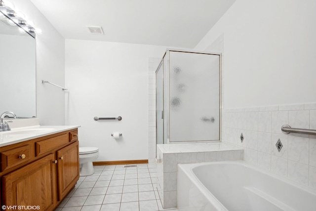 full bathroom with toilet, vanity, tile patterned floors, and separate shower and tub