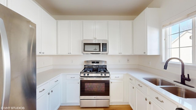 kitchen featuring light hardwood / wood-style flooring, stainless steel appliances, white cabinetry, and sink