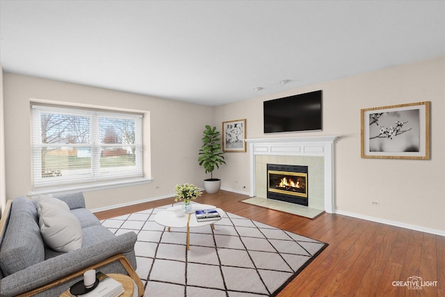 living room featuring light wood-type flooring and a fireplace