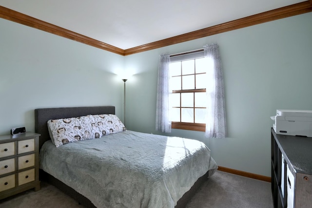 carpeted bedroom featuring ornamental molding