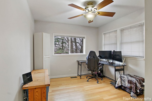 office featuring ceiling fan and light hardwood / wood-style floors