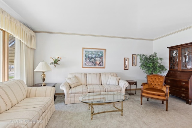 carpeted living room featuring ornamental molding