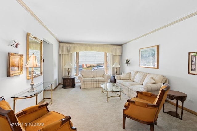 carpeted living room featuring crown molding