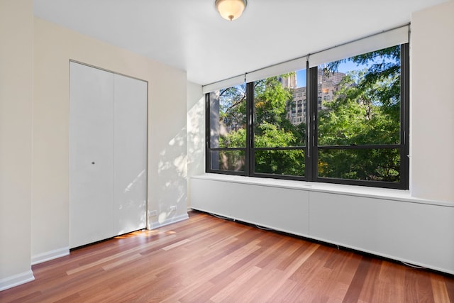 unfurnished bedroom featuring light hardwood / wood-style flooring and a closet