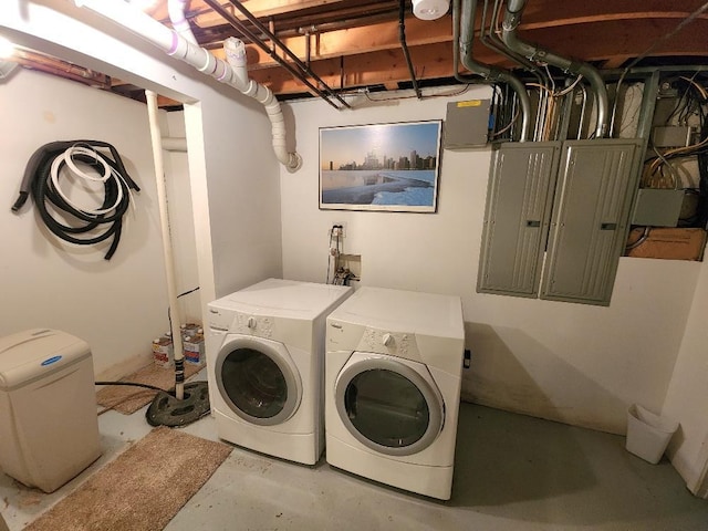 laundry room with washer and dryer and electric panel