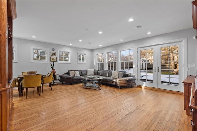 living room with light hardwood / wood-style flooring and french doors