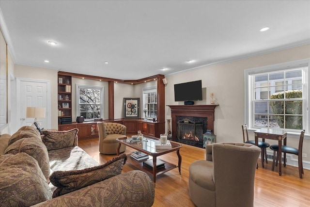 living room featuring ornamental molding and light hardwood / wood-style flooring