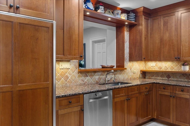 kitchen featuring dark stone countertops, decorative backsplash, sink, and stainless steel dishwasher