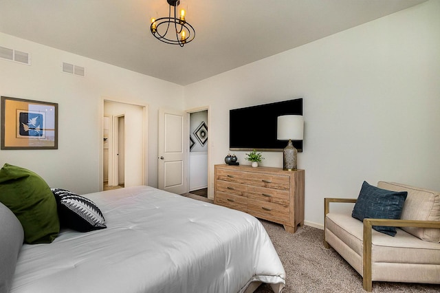 bedroom featuring light colored carpet and a notable chandelier