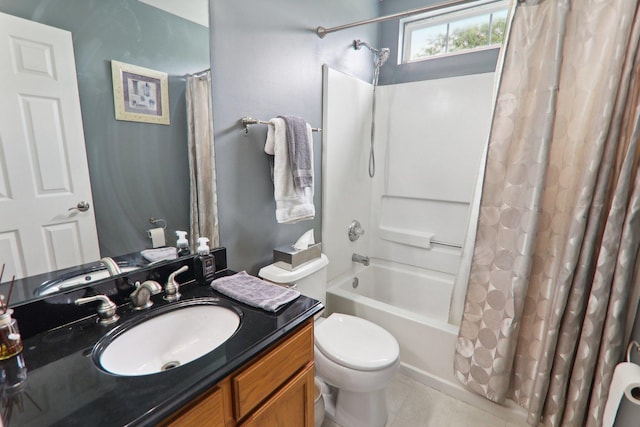 full bathroom with tile patterned flooring, vanity, toilet, and shower / bathtub combination with curtain