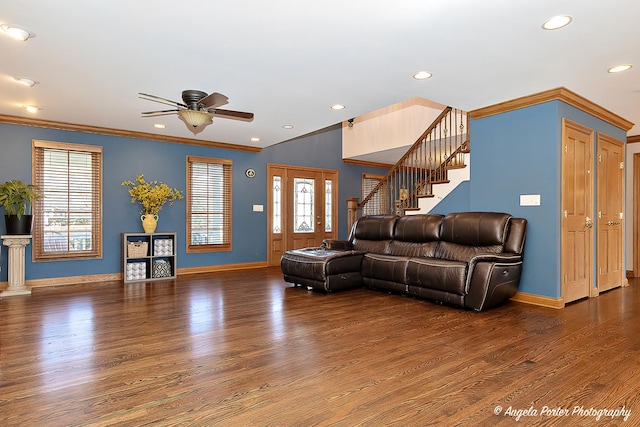 living room featuring hardwood / wood-style floors, ceiling fan, and crown molding