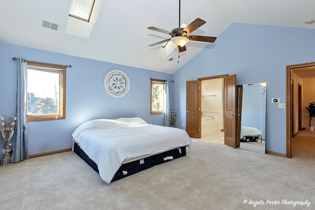 bedroom with carpet, ceiling fan, and vaulted ceiling